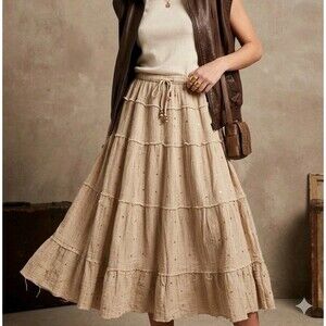 Venezia Boho Tiered Maxi Skirt 14/16 Tan Sequin Gauze Coastal Cowgirl Fairycore